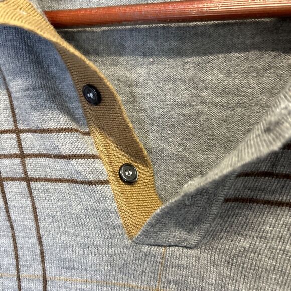 Mens Toscano Button Collar Polo Sweater Large Plaid Gray 100% Wool Made in Italy - Picture 2 of 14